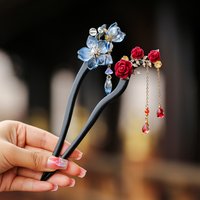 Chinese Style Flower Tassel Hairpin Vintage Wooden Floral Pearl Hair Stick Exquisite Elegant Hair Clip Girls Hair Accessories
