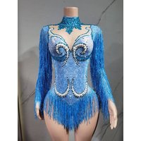 Stage Latin dance cha-cha dance practice suit stretch slim skirt fringe flash small diamond pearl design suit