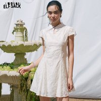 ELFSACK Mandarin Collar Puff Sleeve Mini Dress, Jacquard Textured A Line Cheongsam Dress, New Chinese Style Daily Outfit for Wom
