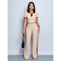 Women's Summer Casual Color Block Polo Collar Short Sleeve T-shirt and Flared Pants Set