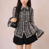 Y2k Aesthetic Lolita Skirts Set Japanese Vintage Gothic Ruffles Plaid Long Sleeve Shirts Mini Skirts Suit Harajuku Sweet Outfits