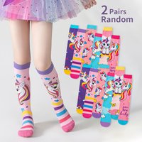 2 Pairs of Randomly Mixed Color Girls' Rainbow Heart Cute Unicorn Knee-High Socks, Soft and Comfortable Over-The-Knee Socks for Girls, Suitable for Casual Daily Life