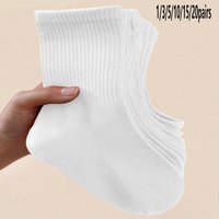 1/3/5/10/15/20 Pairs Women White Rib Mid Calf Socks Sweat Absorb Breathable Minimalist All Match Daily Basic Sports Crew Sock
