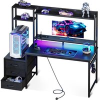 Coleshome Gaming Desk with Drawers & Display Shelves, Computer Desk with LED Lights & Sockets, 120×48 cm, Carbon Fiber Black image 3
