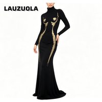 2026 New Autumn Winter Fashion Elegant Long Sleeve Body Shape Printed Bodycon Dress Women Night Club Party Long Dresses Black
