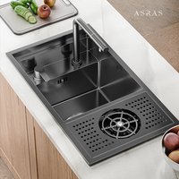 ASRAS Nano Black Small Size Kitchen Sink Cup Washer Hidden Bar Counter Cover Concealed Single Bowl Sinks With Lifting Faucet