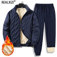 Men's Lamb Fleece Cotton Jacket and Pants 2-piece Set Autumn and Winter Thick Warm Sports Suit Casual Solid Color Coat and Pants