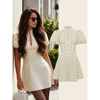 Retro Polka Dot Mini A-line Dress Elegant Stand Collar Puff Short Sleeve Waist-cinching Dresses 2026 New Lady Party Gowns