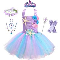 Girls Pastel Ariel Mermaid Tutu Dress the Sea Theme Party Costume with Flower Headband Ocean Flower Purple Birthday Dress