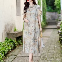 plus size Dress Ladies Large Size Holiday Beach Vestidos 2025 Summer Retro Print Women short Sleeve cotton linen