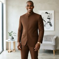 Slim Men Wedding Suits Vintage Brown Mandarin Collar Slim Fit Wedding Suit Tailored Formal Groom Tuxedo for Celebrity Prom Party