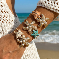 Design Sense Colorful Starfish Open Bangle for Women Elegant Imitation Pearls Starfish Cuff Bracelet Summer Ocean Jewelry