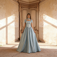 Simple A Line Evening Dresses Light Blue Stain Sleeveless Prom Dress for Women Beaded Vestido de Gala for Celebity Customized