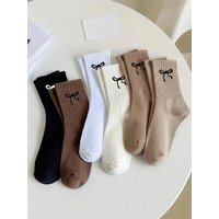 1/6 Pairs Unisex Solid Color Mid Calf Socks Bow Pattern Fashion Multi-color Versatile Comfortable Casual Daily Socks Men Women