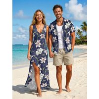 Flower Leaf Branch Print Matching Outfit For Couples, Women Hawaii Ruffles Split Dress Or Men Button Pocket Shirt Costume