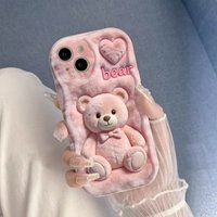 Cute Pink Plush Bear Phone Case for Samsung Galaxy S21 S22 S23 S24 S25 S26 Ultra Plus FE Note 20 A73 A55 A35 A33 A25 A15 Cover