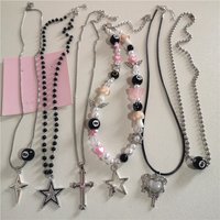 Gothic Star Cross Black 8 Ball Pendant Bead Choker Necklace Neck Grunge Women Y2k EMO 2000s Aesthetic Charm Jewelry Accessories