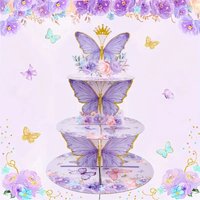 Buttleply 3 Tier Cupcake Stand Purple Butterfly Cupcake Stand Decoration - 3-Tier Butterfly Floral Crown Cupcake Tower Cardboard