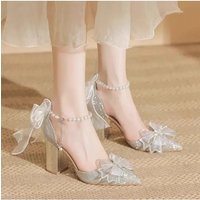 High Heels 2025 New Pearl Bow Silver Hollow Sandals Graduation Wedding Dress Big Size Bride Shoes