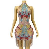 Glamorous Rhinestone Chain Birthday Party Dress Stage Performance Costume Tight Short Dinner Outfit Crystal Embellished Dresses