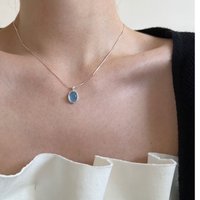 925 Sterling Silver Blue Moonlight Stone Necklace For Women Elliptical Pendant Jewelry Collarbone Chain