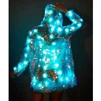 Faux Fur Women Glowing Jacket Light-up Nightclub Bar Party Jacket LED Luminous Sequin Stage Colorful Cloak LongSleeve Coating