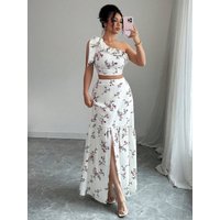 Women Summer 2 Piece Outfit, Sexy One Shoulder Design Top & Elegant Split Floral Print Maxi Dress Matching Set For Daily Dating