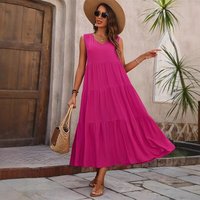 Elegant Holiday Pure Color V-Neck Layered Splice Loose Dress Women's Fashion High Waist H-Style Cotton Blend Sleeveless Dress