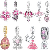 MISEFF S925 Sterling Silver Charm Exquisite Pink Heart-Shaped Flower Pendant For Original Bracelet DIY Jewelry Making Gift