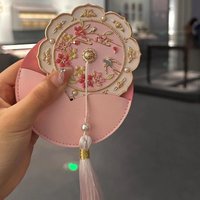 Chinese Palace-Style Handheld Mirror With Traditional Folding Tassel & Stand-like Handle - Portable Mirror With Golden/Pink/Whit