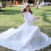 Beach Chiffon Super Long Dress Women's New Arrival Spring Autumn Chic Dress Elegant Long-Sleeved Loose Lace-Up Slim Dresses