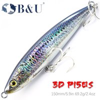 B&U 3D Printing Sea Sinking Fishing Lure Stickbait Pencil Lure Top Water 150mm 69.2g GT Fishing Saltwater Stick Artificial Bait