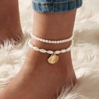 2pcs Set Creative Fashion Pearl Beaded Shell Anklet for Women Charm Retro Scallop Summer Beach Foot Accessories Jewelry Gift