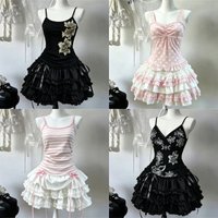 Street Style Two Piece Suits Female Harajuku Y2K Punk Lace Patchwork Sling Blouse Ruffled Tiered Cake Skirt Daily Outfits
