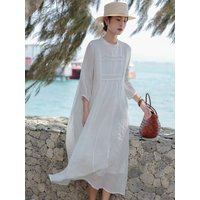 2024 Women Spring Summer Pure Cotton Linen Loose Half Sleeved Dress Ladies Oversize White Casual Holiday Long Dress X974