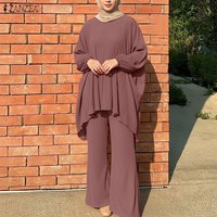 Fashion Muslim Sets ZANZEA Women Loose 2 Pieces Outfits Casual Long Tops With Wide Leg Pant Sets Elegant Ramadan Hijab Tracksuit