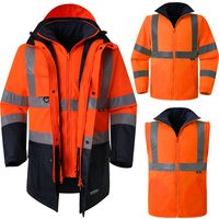 Hi Vis 5 in 1 Waterproof Parka Windbreaker Workwear Rain Coat Reflective Safety Jacket with Detachable Linner