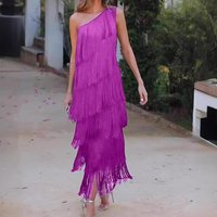 Tassel Design Dress Elegant Fringed Tassel Evening Dress for Women One Shoulder Maxi Dress for Cocktail Party Prom Dance
