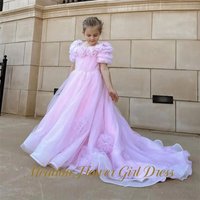Meadow Light Pink Princess Girls Dress 3D Rose Long Train First Communion Gown Pearl Beaded Children Birthday Wedding Dresses