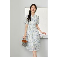 VIMLY Elegant Floral Dress for Woman 2025 Autumn Flower Print Long Dresses Stand Collar Knee-Length French Tea Dress Woman V7983