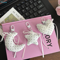✔1Pcs Moon Star Heart Shaped Fabric Bag Charm Pendant Polka Dot Plush Keychain With Ribbon Bow For Backpack Purse Decoration