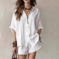 Single-breasted Shirt Three-quarter Shorts Summer New Women's Solid Color Loose Fashion Casual Shirt Shorts Suit Костюм Женский