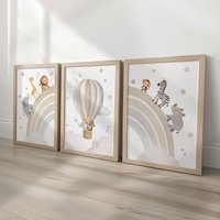 1/3pcs Elephant Giraffe Lion Safari Animal Nursery Canvas Print Beige Rainbow Hot Air Balloon Wall Art Poster for Home Decor