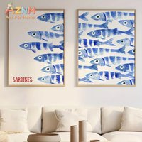 Retro Blue Sardine Canvas Poster Mediterranean Sardine Animal Wall Art