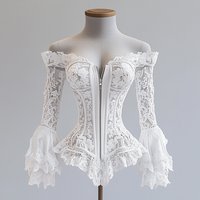 Off Shoulder Lace Blouse for Women Flare Sleeve Zip-up Vintage Elegant Chic Sexy Hollow Out Long Sleeve Tops Irregular Hem Top