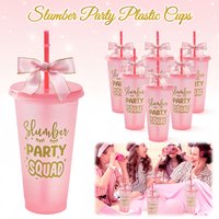 6-12PCS Slumber Party Plastic Cups with Lid Straw Twist Bow 24 oz Sleepover Tumblers Cups for Birthday Spa Party Supplies