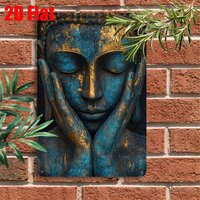 (2D Tin painting)Vintage Zen Iron Wall Art, Peaceful Hand-Drawn, Rustic Bronze Turquoise, Easy Install, for Home Garden Patio