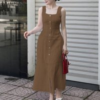 ZANZEA Summer Elegant Square Neck Maxi Dress Fashion Women Sleeveless Holiday Sundress Work Dresses Casual Solid Buttons Robe