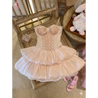 Ballet Princess Lace Strap Corset Dresses Women Layered Puff Skirt Bow Polka Dot Dress Female Elegant Party Chic Popular Clothes