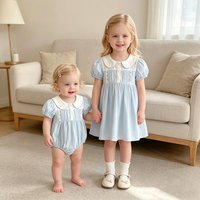 2026 New Summer Infant 0-24M Baby Romper Short Sleeves Cotton Baby Girl Blue Bodysuit 2-6Yrs Kids Princess Dress Sister Dress